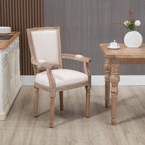 Sedia da pranzo, sedia da cucina, decorazione con borchie, stile country francese, legno di caucciù, bianco crema, 59 x 63,5 x 96 cm (1/5)