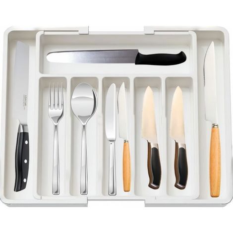 Boîte de rangement extensible pour couverts, à plusieurs compartiments, blanche (1/5)