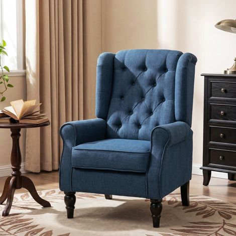 Fauteuil de salon style français avec assise et coussins rembourrés, velours, 74 x 86 x 102 cm, bleu