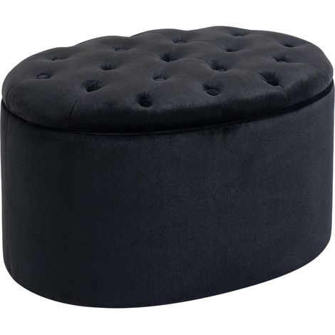 Banc de rangement, banquette capitonnée aspect velours, coffre de rangement ovale, banc coffre pour salon, chambre, entrée, 71 x 52 x 42 cm, noir