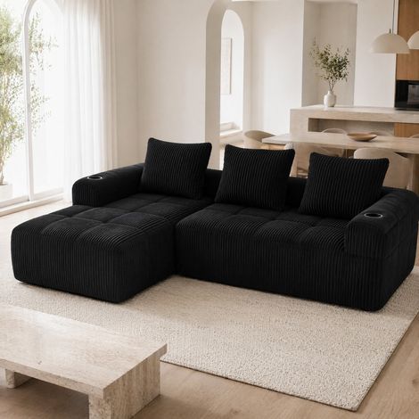 Sofa aus Cord in Schwarz 253 x 158 cm, modular mit Seitentaschen, Getränkehaltern und 3 Kissen (1/5)