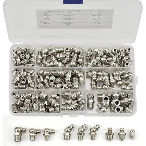 L&H-Cfcahl – Assortiment de 115 graisseurs M6 M8 M10 – Raccords filetés en fer nickelé droit et coudé 45°/90° – Pour équipement mécanique