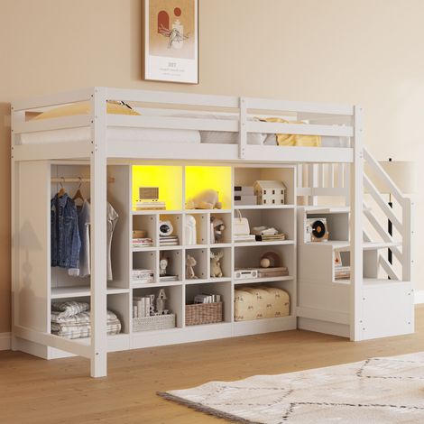 Lit mezzanine 90x200 cm avec rangements, armoire et échelle avec étagères, éclairage LED, structure en bois, blanc (1/5)
