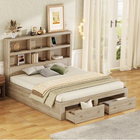 lit adulte 160x200 rangement tete et tiroirs naturel OKMYHOME (1/5)