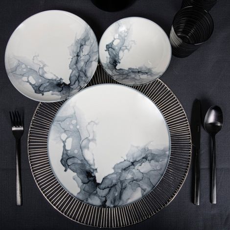 Service de table en porcelaine - 24 pièces - Marbre blanc - (1/5)