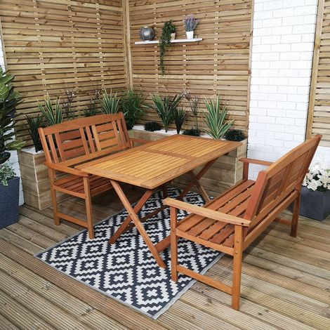 Outdoor 4 Person Folding Rectangular Wooden Garden Patio Dining Table and 2 Benches Set (1/5)