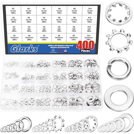400 pièces m3 M4 M5 M6 M8 M10 rondelles étoile intérieure et extérieure et rondelles de verrouillage Split avec kit de rondelles Plates (1/5)