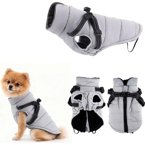 Manteau pour Chien Hiver Petite Taille,  Imperméable Manteau Chien avec Harnais Réfléchissants et Réglable, Veste Chauds Chiens Vêtements, Gilet de Protection Contre pour Chiot (Grisâtre, XS)