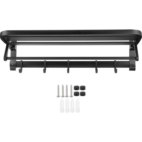 Porte-serviette mural en aluminium pliable noir avec étagère de rangement pour salle de bain WC