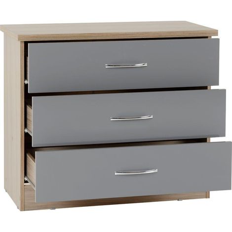 Nevada 3 Drawer Chest - L40 x W81 x H70.5 cm - Grey Gloss/Light Oak Effect Veneer