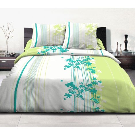 Housse de Couette - 3 Pièces 100% Coton - 57 Fils 2 Personnes - 240x260 cm Cascade Fleurie - Anis