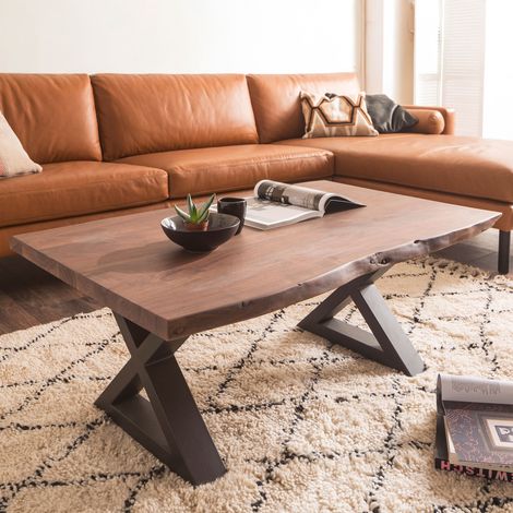 Table basse en acacia brun et acier anthracite avec pietement en X (1/5)