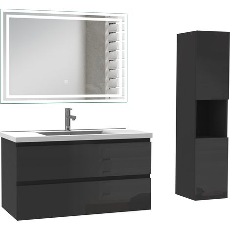 Ocean Ensemble de Meuble salle de bain 99cm avec 2 Tiroirs, miroir led + colonne 131.5cm, meuble Noir Haut Brillant