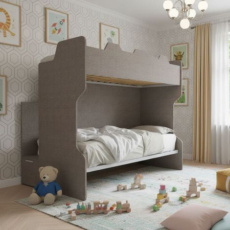 Letto a castello con scala contenitore e terzo letto estraibile - Cameretta salvaspazio - Grigio fumo