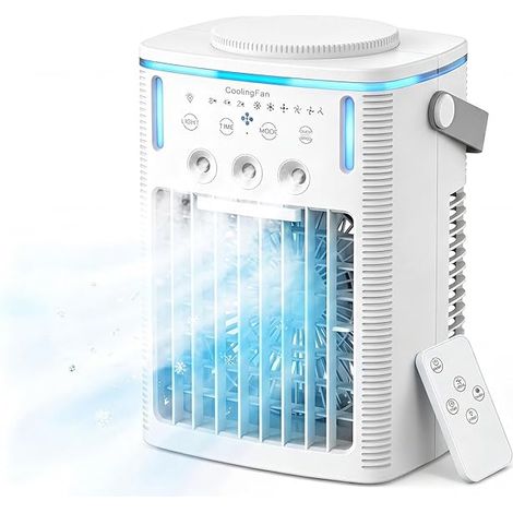 Climatiseur Portable Ultra Silencieux avec Ventilateur Mini, Minuterie 2-4-8H, Télécommande, 3 Vitesses et Brume Fraîche, 3 Buses Ultrasoniques, Lumière 7 Couleurs, Refroidisseur d'Air Évaporatif 1000 (1/5)