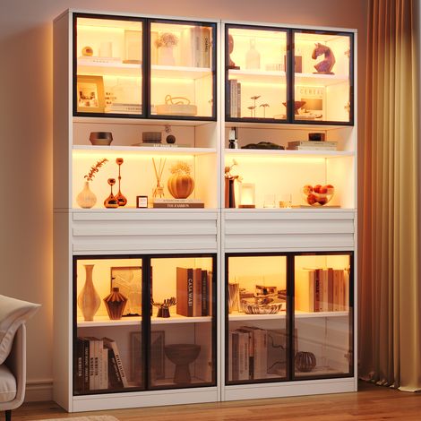 Lot de 2 vitrines d'exposition 80x35x200cm en MDF, bibliothèque avec 8 portes en verre, 2 tiroirs, éclairage LED, armoires hautes, armoires à vin, vitrine pour salon (1/5)