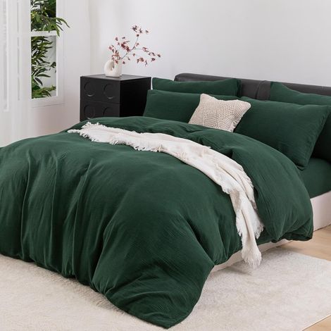 1 Parure De Lit Housse De Couette 220x240 Cm, Coton Gaze Respirant, Vert Foncé, Avec Taies 65x65 Cm, Chambre Double