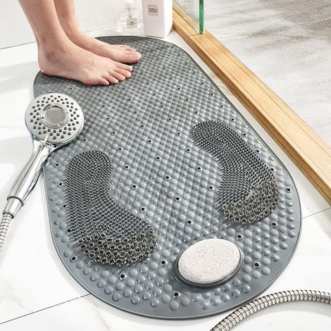 Tapis Antiderapant Douche avec Pierre Ponce Amovible, Tapis de Douche Gros avec Ventouses et Trous de Vidange, Tapis pour Baignoire 80x40cm(Gris (1/5)