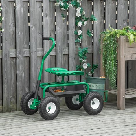 Chariot de jardin en métal vert avec siège pivotant et hauteur réglable (1/5)