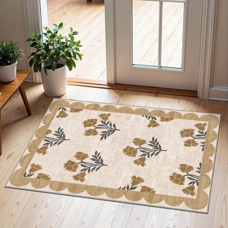 Paillasson Printemps Beige à Motifs Floraux 50×80 cm, Tapis d’Entrée Lavable Antidérapant, Style Ferme et Bohème (1/5)