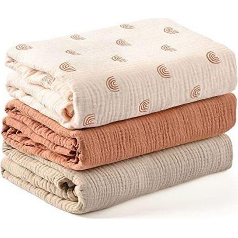 Ensemble de trois couvertures pour bébé en mousseline,couverture d'emmaillotage pour nouveau-Arc-en-ciel+Rouge+marron clair-1.21.2m