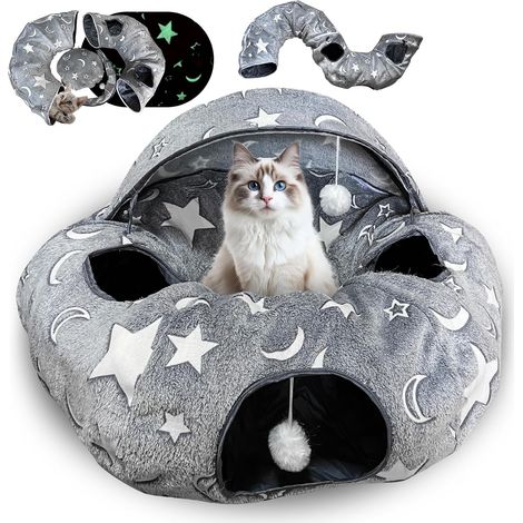 Lit pour chat avec fonction lumineuse - XXL - Tunnel en peluche avec balle - Grand tunnel bruissant - Jouet pour chat, lapin ou chiot (1/5)