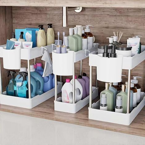 Lot de 3 organisateurs et rangements sous évier Étagère de rangement à 2 niveaux pour meuble de salle de bain avec porte-gobelets suspendus (blanc) (1/5)