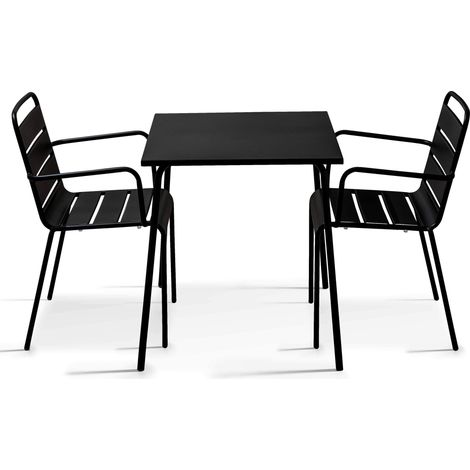 Ensemble table de jardin carrée et 2 fauteuils acier 70 cm noir - Palavas (1/5)