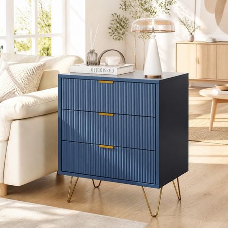Commode bleue 3 tiroirs 60x40x70 cm, meuble rangement moderne, façade striée, poignées dorées, pieds métal, chambre salon