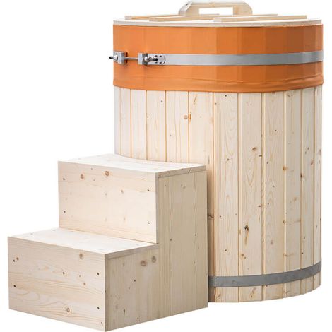 Home Deluxe – Baignoire froide ARUM ⌀ 72 cm – Épicéa nordique – Couverture et escalier inclus – Siège intégré – Stabilité renforcée en acier inoxydable
