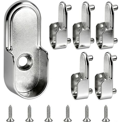 Juego de 6 soportes para rieles de armario, soportes resistentes para rieles de armario, fácil montaje, soporte para riel de armario, fijación de barra de armario, soportes redondos plateados, tamaño  (1/5)