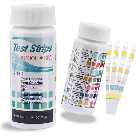 7 En 1 Testeur Pour Eau De Piscine Et Spa, 100 Bandelettes Test Piscine, Bandelette Piscine, Test Piscine Chlore Et Ph, Brome, La Dureté Totale, L’alcalinité Totale, L’acide Cyanurique, Chlore Total (1/5)