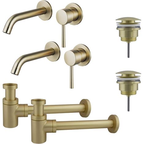 FugaFlow Eccelente Sobrado Slim Kit robinet lavabo - pour double vasque - robinet rehaussé - bonde clic clac - siphon design bas - Laiton brossé PVD (1/4)