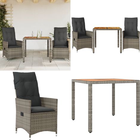 3-tlg. Bistro-Set mit Kissen Grau Poly Rattan - Gartentisch - Relaxsessel (1/5)