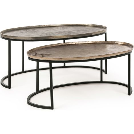 Table basse ovale aluminium et pieds en acier Amina - Lot de 2 (1/5)