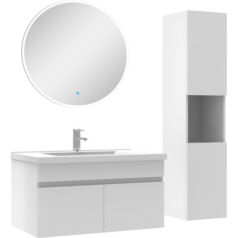 Ensemble Salle De Bain avec colonne et miroir rond 80cm meuble blanc