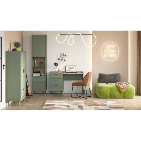 Conjunto de oficina NOKI – Escritorio + Armario de almacenamiento + Librería – Verde y madera escandinava
