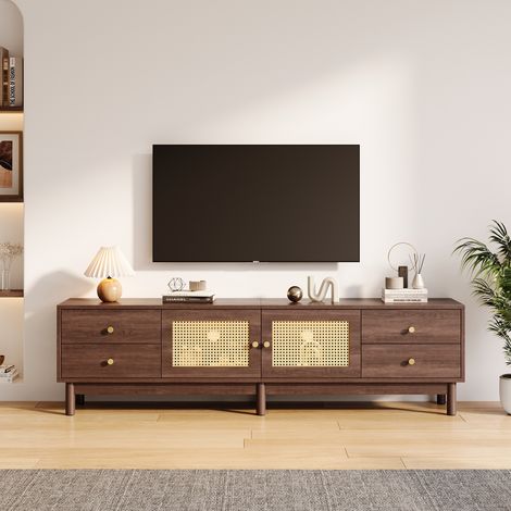 Meuble TV en bois de 180 cm avec 2 portes en rotin, 4 tiroirs, gestion des câbles et charnières hydrauliques - Pour téléviseurs jusqu'à 80" - Marron (1/5)