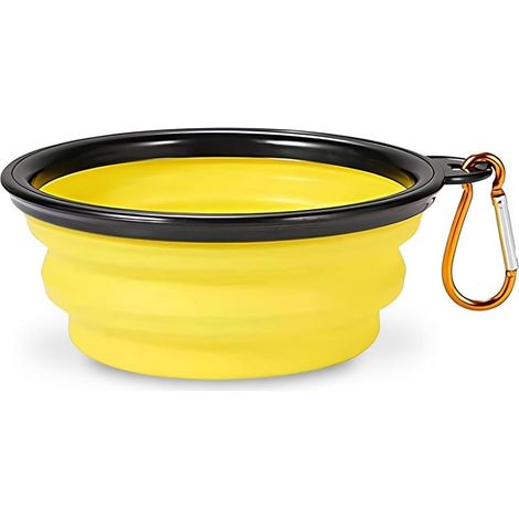 1 gamelle de voyage pliable jaune pour chien d'un diamètre de 13 cm pour eau et croquettes, gamelle portable en silicone avec mousqueton (1/5)