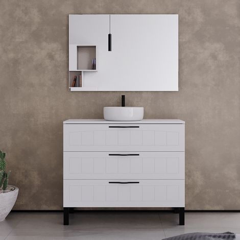 Meuble de salle de bain 100cm avec plateau et vasque à poser ronde - 3 tiroirs - blanc - CALA (1/5)