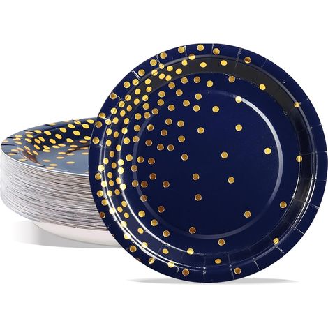 Assiettes En Carton - 50 Pièces - Bleu Foncé Et Or - 23 Cm - Résistantes - Pour Fêtes Et Pique-niques (1/5)