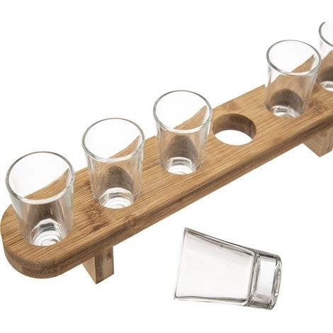 Vasos de cristal para chupitos de vodka en una bandeja de bambú de 40 ml (6 unidades) (1/2)