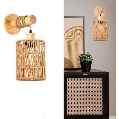 Applique murale cylindrique en rotin, style campagnard, douille E27, abat-jour en rotin, luminaire mural décoratif idéal pour chambre et hôtel (kaki, sans ampoule) (1/5)
