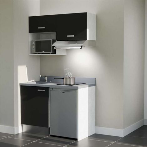 Kitchenette K02L - 120 cm avec plan monobloc, emplacement frigo, hotte et micro-ondes-Noir-Cromo-évier à gauche