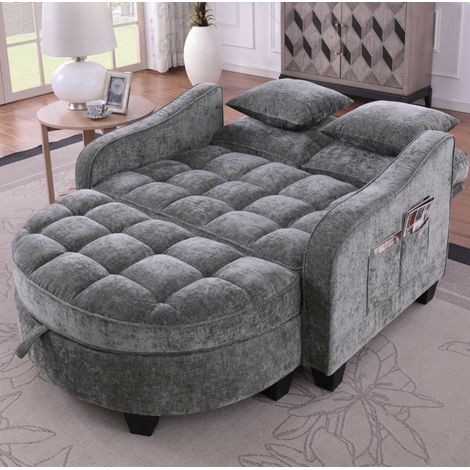 MODFU – Canapé-lit 2-en-1 bois eucalyptus – Pouf de rangement et conversion rapide – Tissu respirant – Gris foncé (1/5)