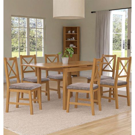 Hallowood Furniture Waverly Oak Extendable Dining Table and Chairs Set 6, Rectangular Small Kitchen Table and Chairs with Cross Back and Grey Fabric Padded Seats, Dining Room Sets for Home and Café (1/5)