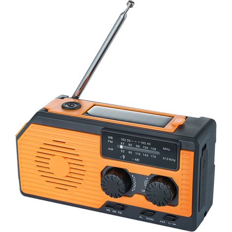 Radio météo d'urgence portable avec manivelle et batterie solaire de 5000 mAh, 4 options d'alimentation, AM/FM, alarme.