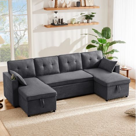 Sofá cama en U (270x130x86 cm), convertible, con almacenaje, incluye 2 cojines, algodón lino gris (1/5)