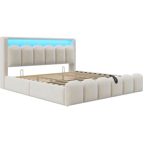 Lit rembourré 180200, avec fonction de rangement hydraulique et rangement dans la tête de lit, lit double, tissu velours, avec ports USB et Type-C, avec LED, tissu velours doux et design en pétales, b (1/5)