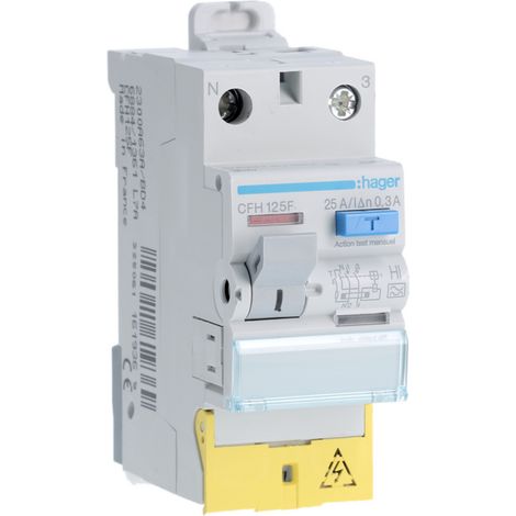 Interrupteur différentiel 1P+N 25A 300mA type haute immunité à bornes décalées HAGER CFH125F (1/4)